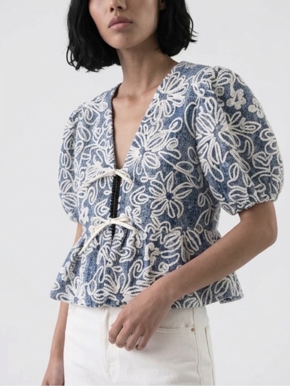 Main Strip Blue & White Floral Tie-Front Embroidered Peplum Top